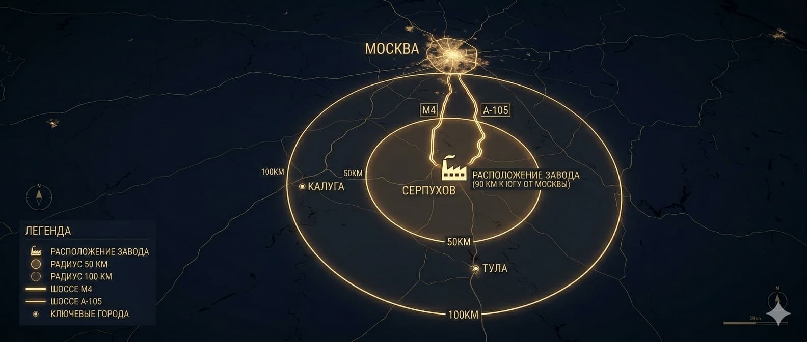 Схема логистического радиуса ROSSBLOK: 50-100 км от Ступино до Москвы и ЦФО